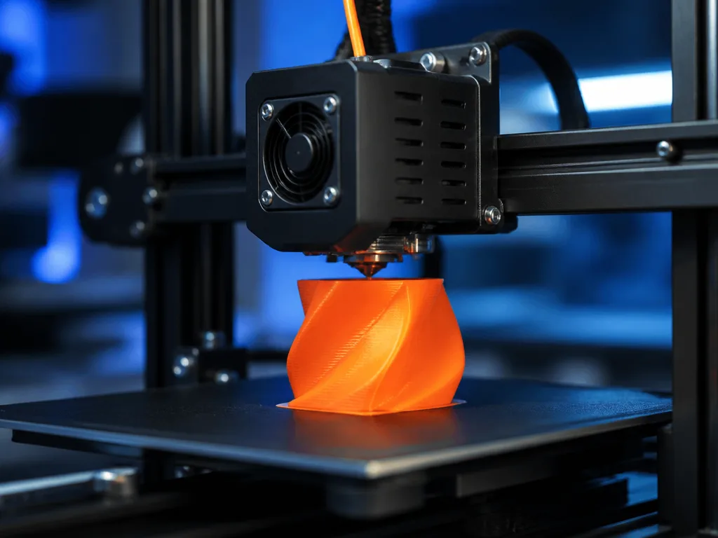 Modern 3D-skrivare skriver ut ett föremål lager för lager med orange filament — 3D skrivare bäst i test 2026