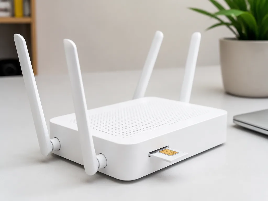 Modern trådlös 5G-router med antenner och SIM-kortplats på ett minimalistiskt skrivbord
