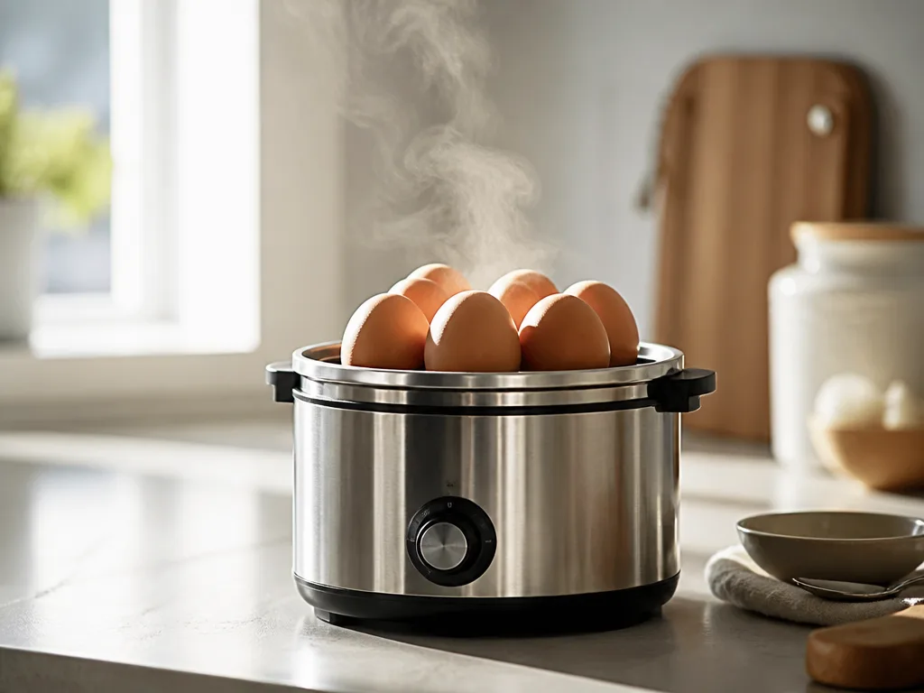 Äggkokare i rostfritt stål kokar ägg med lätt ånga på en köksbänk