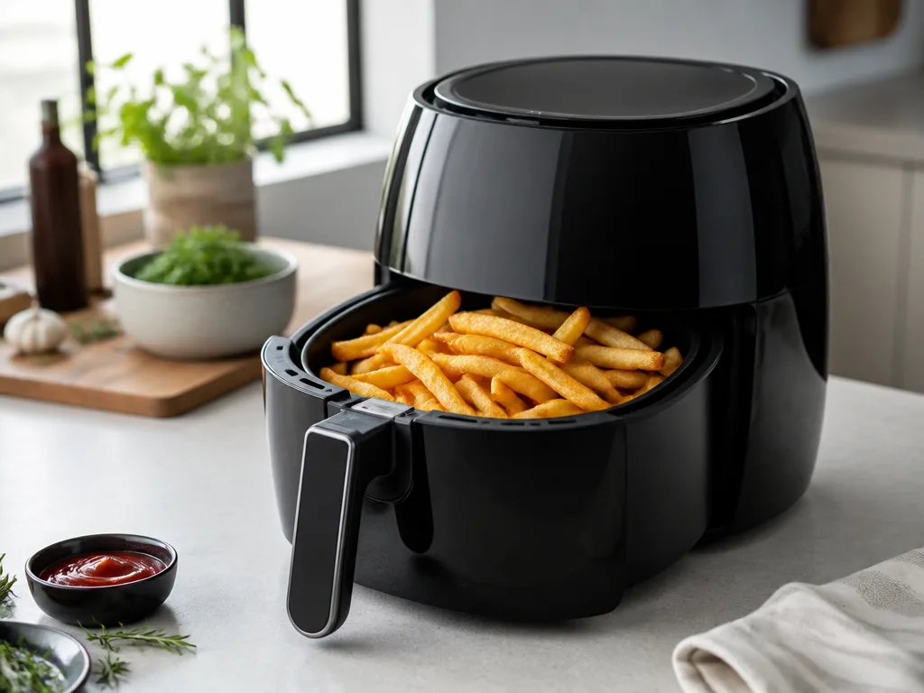 Modern svart airfryer på köksbänk med gyllene krispiga pommes frites — köpguide airfryer bäst i test 2026