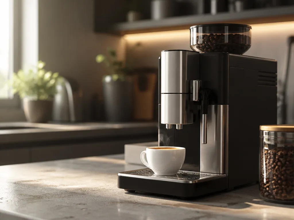 Modern helautomatisk kaffemaskin med inbyggd kvarn på en köksbänk, en kopp nybryggd espresso i morgonljus