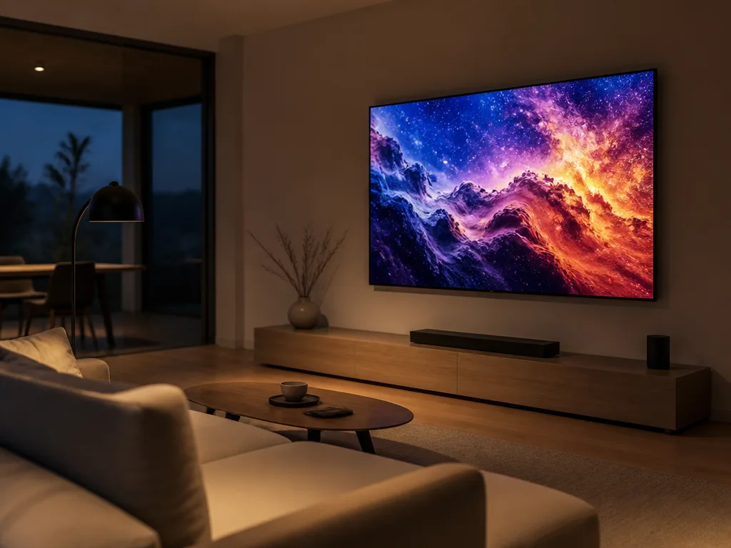 Stor tv monterad på väggen i ett mörklagt, modernt vardagsrum med skandinavisk inredning.