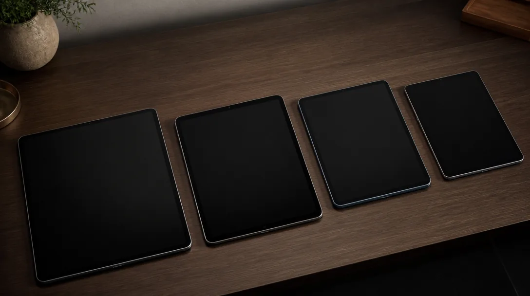 Fyra surfplattor sida vid sida — Apple iPad, Samsung Galaxy Tab, Lenovo Tab och OnePlus Pad — fotograferade på ett mörkt träbord i editorial stil.
