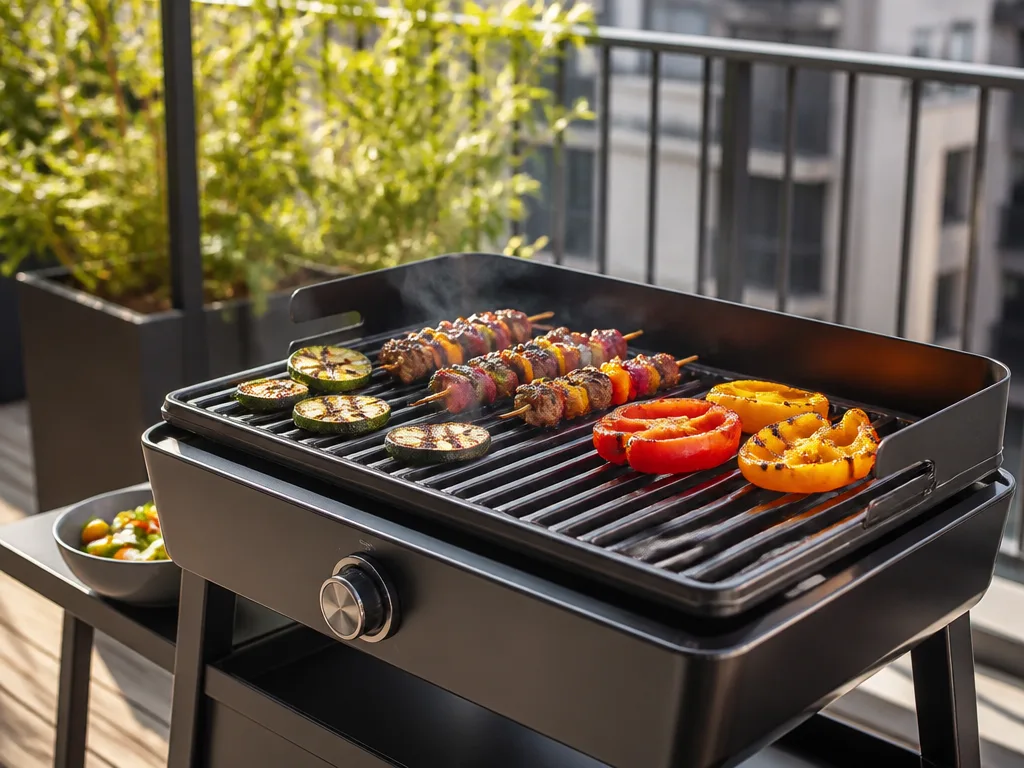Elgrill med gjutjärnsgaller på en balkong, grillyta med rykande grönsaker och kött — köpguide elgrill bäst i test 2026
