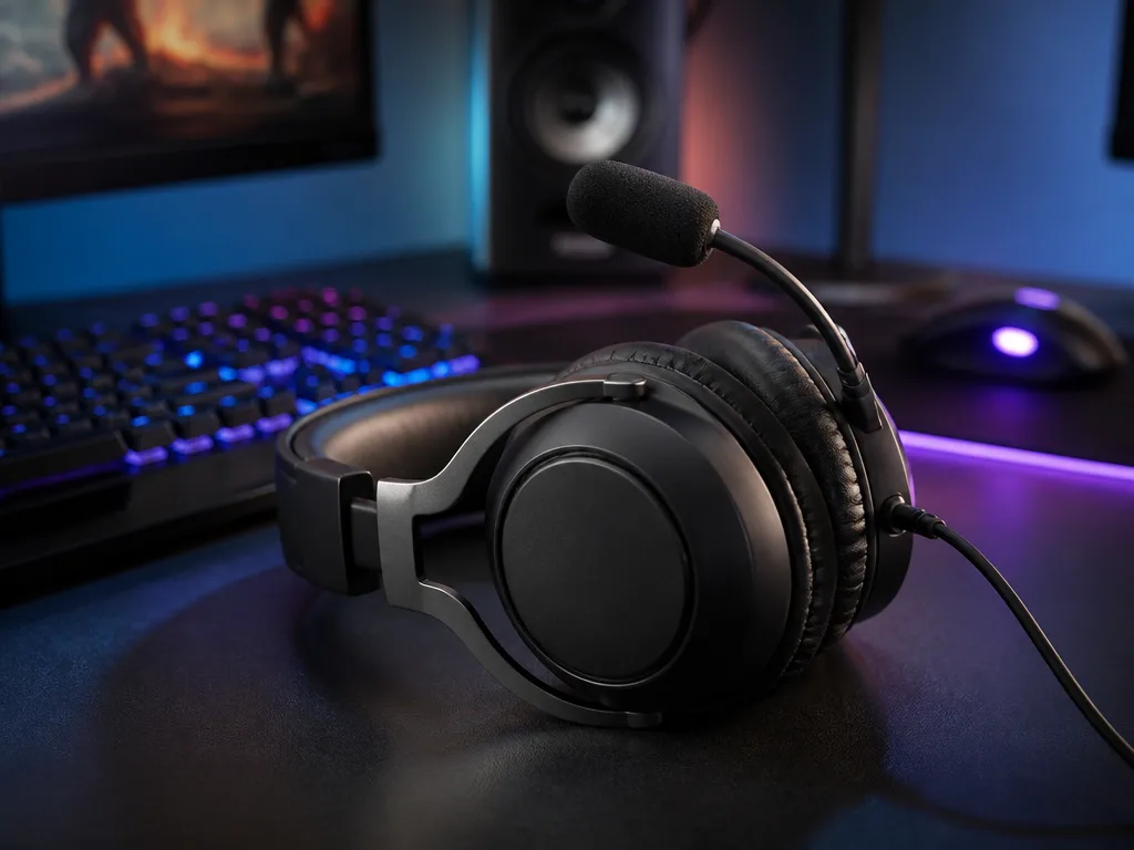 Gaming headset på skrivbord med RGB-tangentbord och gamingsetup i mjukt studioljus
