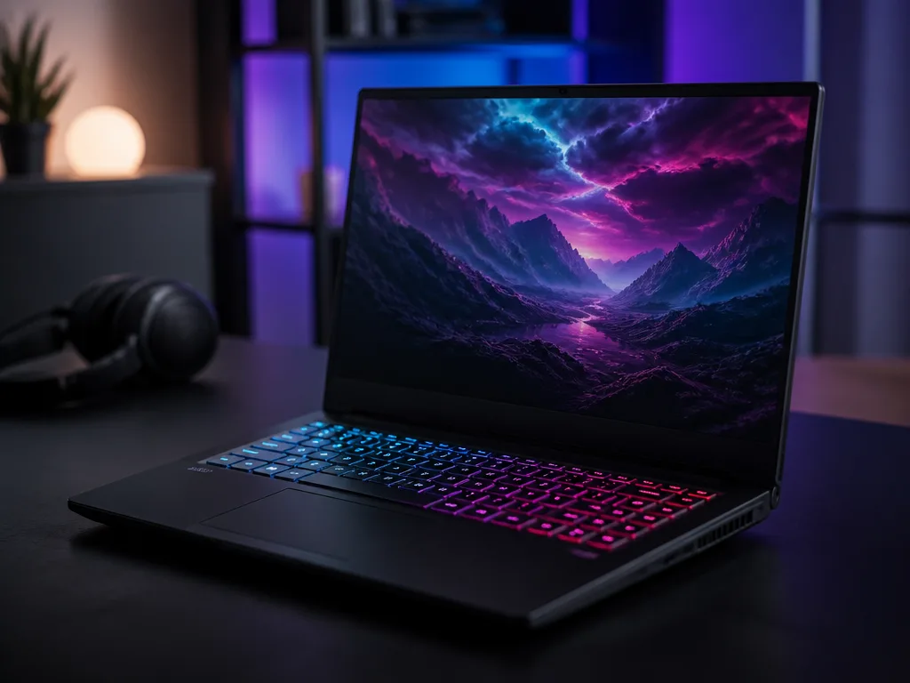 Gaming laptop med RGB-belysning på mörkt skrivbord