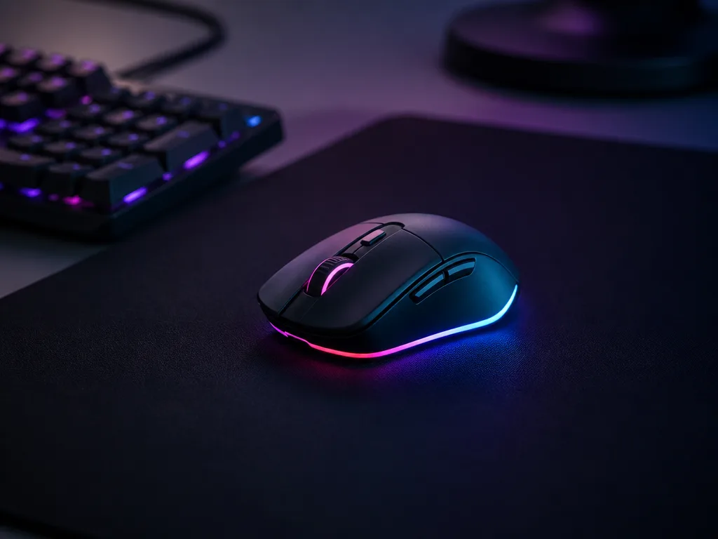 Gaming mus på skrivbord med mekaniskt tangentbord och muspad i mörkerstudio-belysning