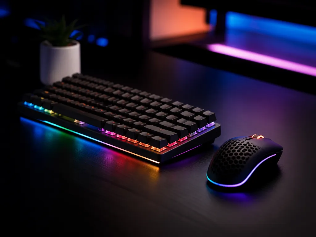 Mekaniskt gaming tangentbord och gaming mus på mörkt skrivbord med RGB-belysning