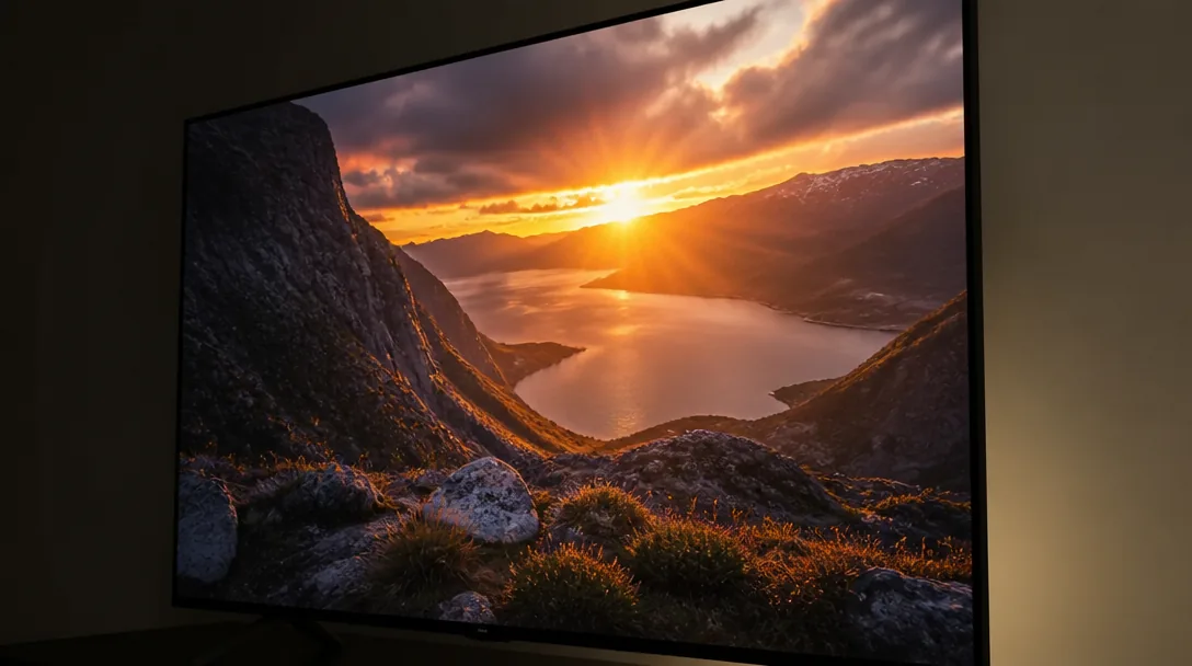 Närbild på en OLED-TV som visar en HDR-scen med djupa svärtor och kraftigt soluppgångsljus, ur en sidovinkel.