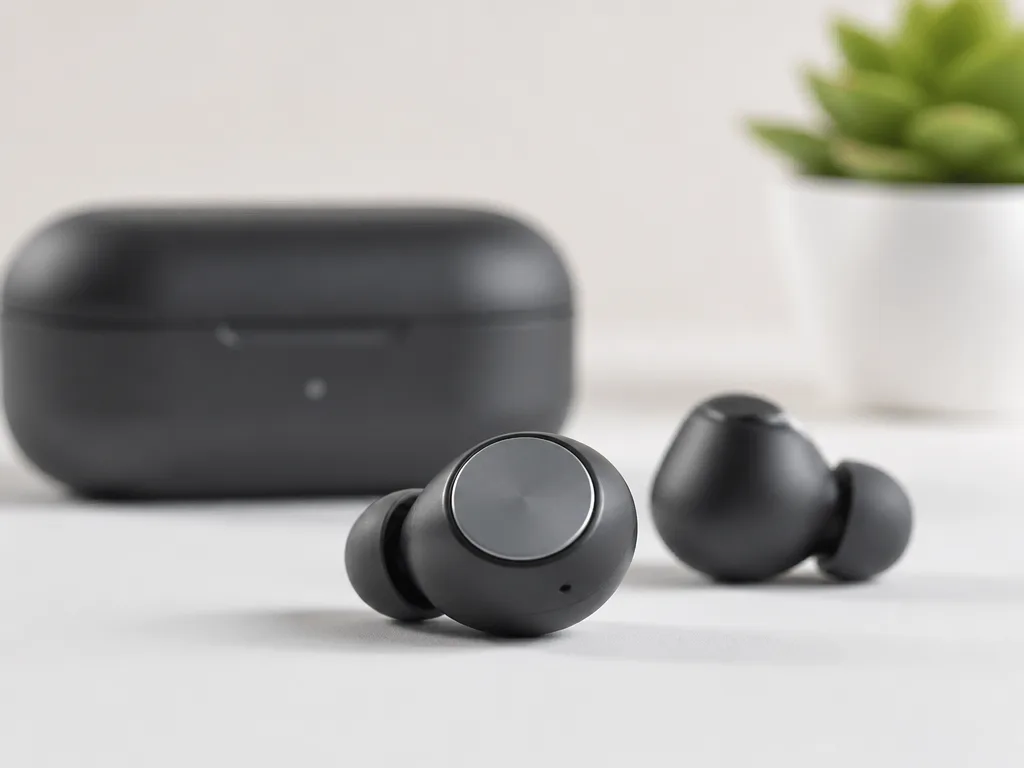 Trådlösa in-ear hörlurar på vit yta med mjuk studioljussättning