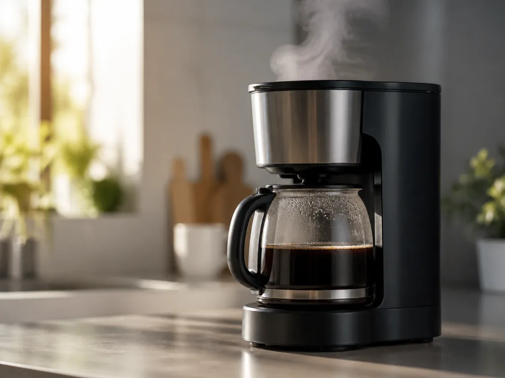 Kaffebryggare som brygger kaffe i en glaskanna på en köksbänk i morgonljus