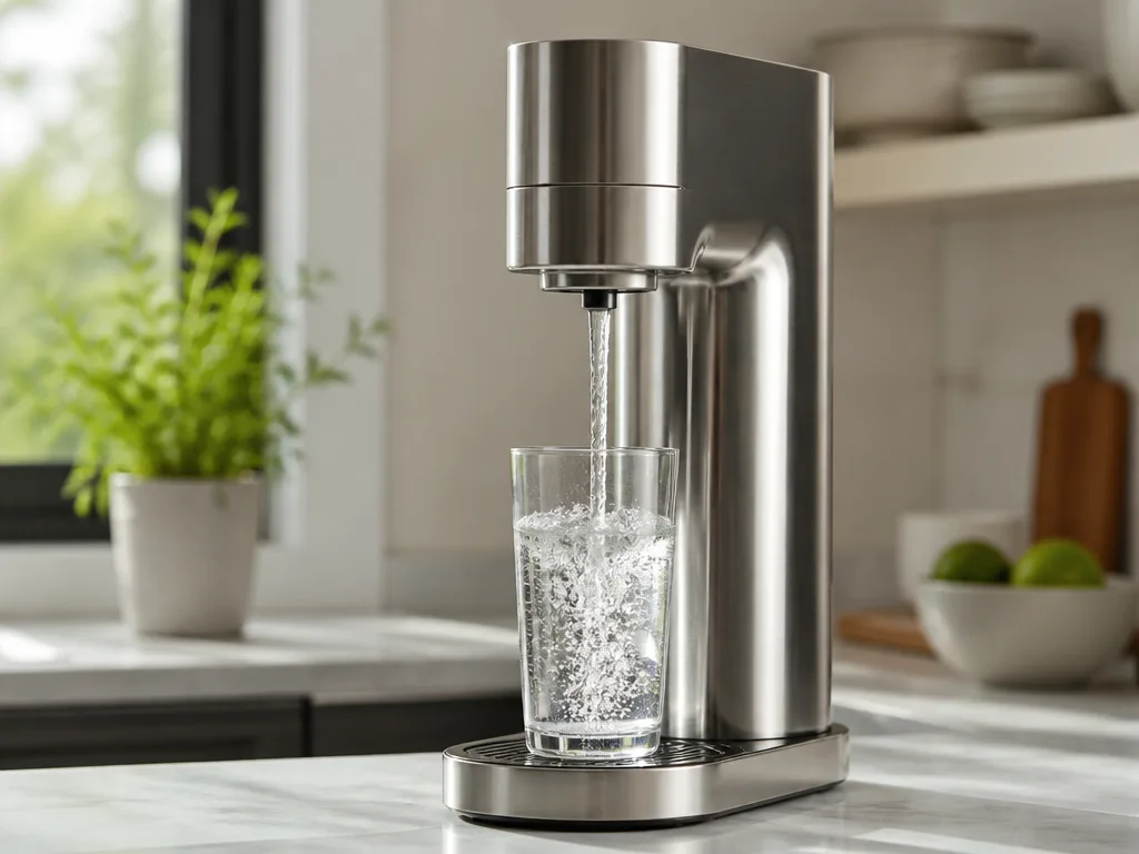 Bubblande kolsyrat vatten hälls från en modern kolsyremaskin i rostfritt stål till ett glas på köksbänken
