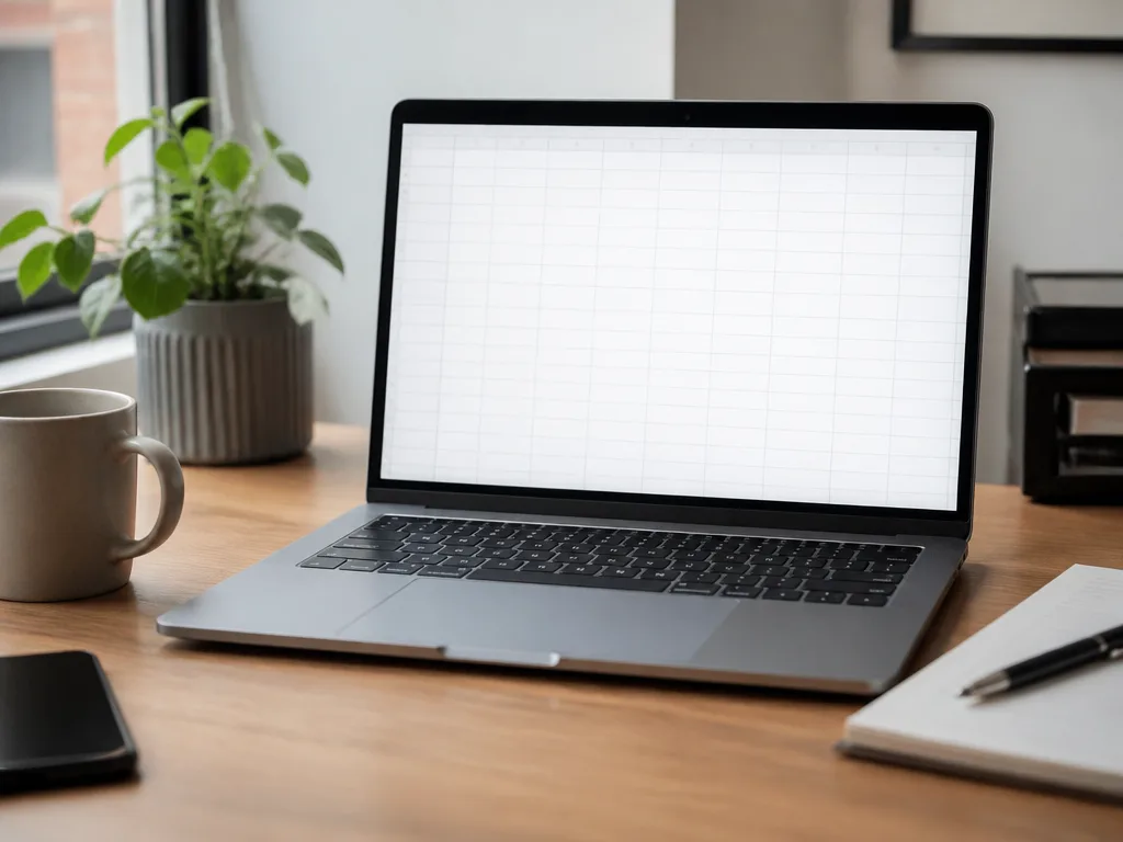 Stor öppen laptop på träskrivbord med kalkylblad, mjukt naturligt sidoljus