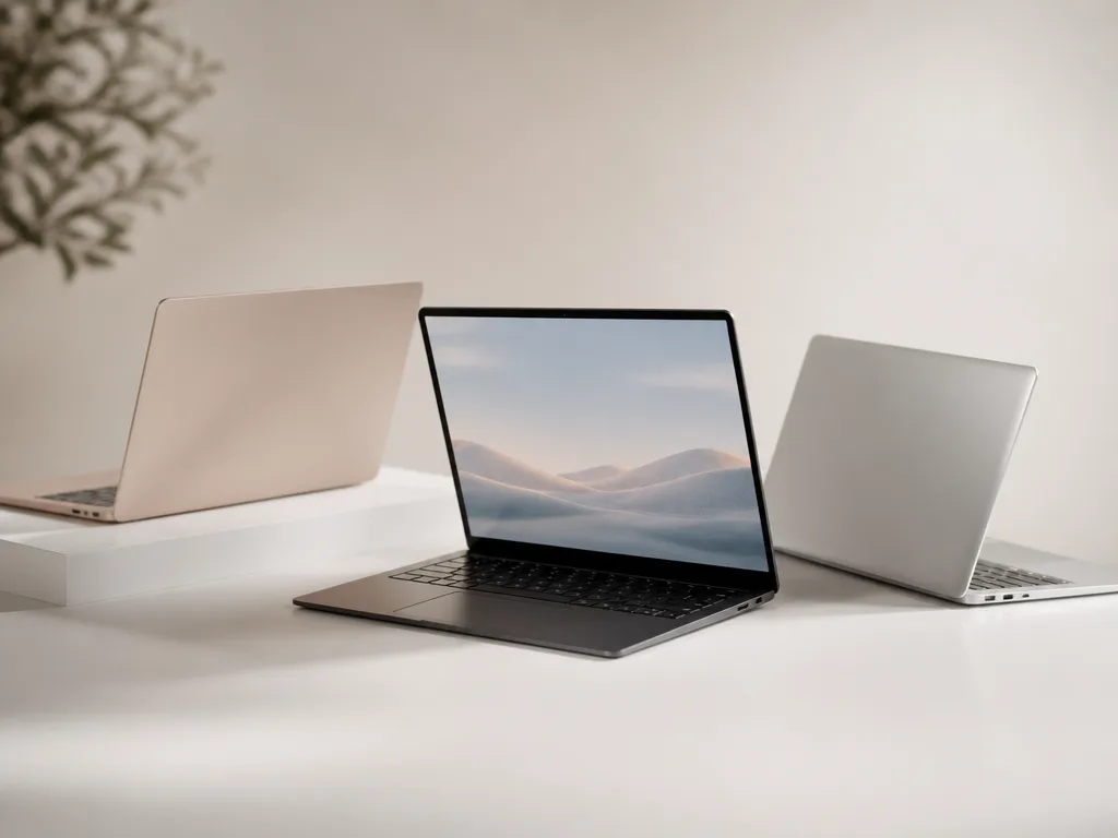Moderna tunna laptops uppradade på ett minimalistiskt skrivbord — köpguide laptop bäst i test 2026