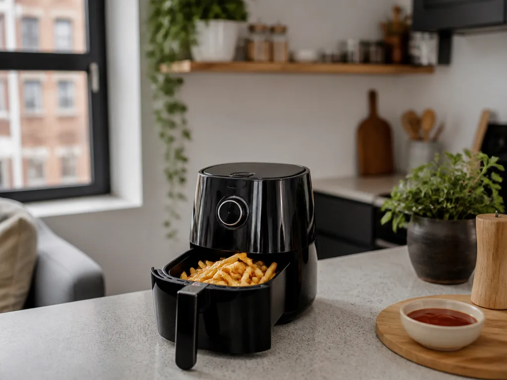 Kompakt liten airfryer på köksbänk i litet kök med krispiga gyllene pommes frites