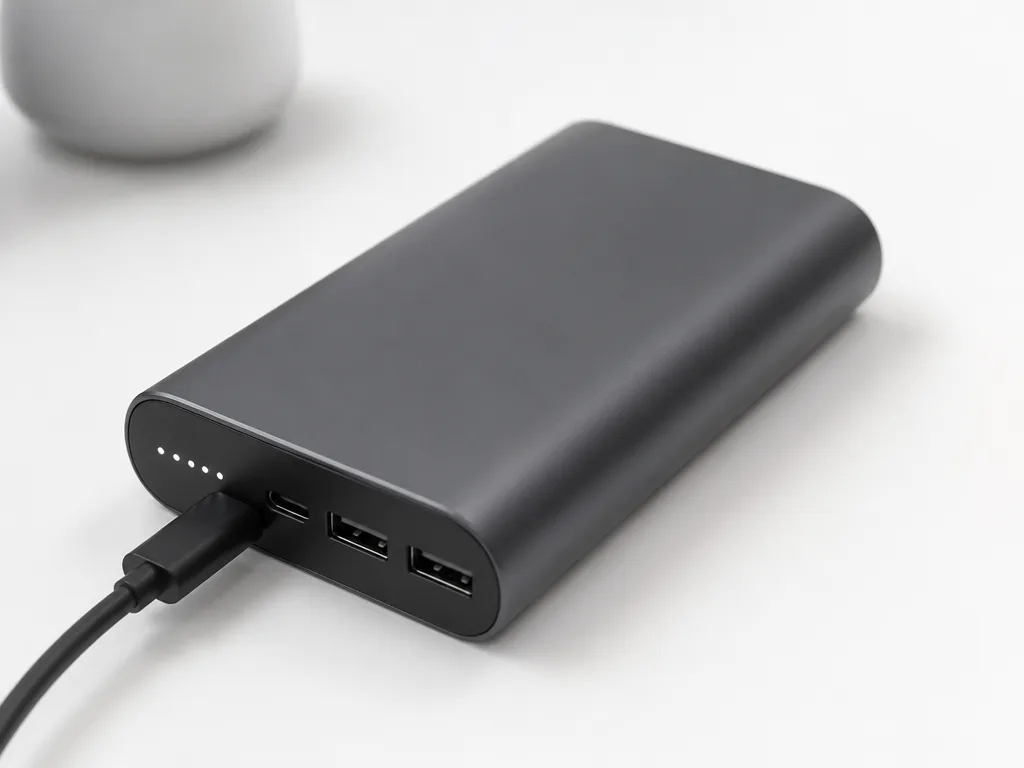 Modern powerbank med USB-C-kabel på vit yta med mjuk studioljussättning