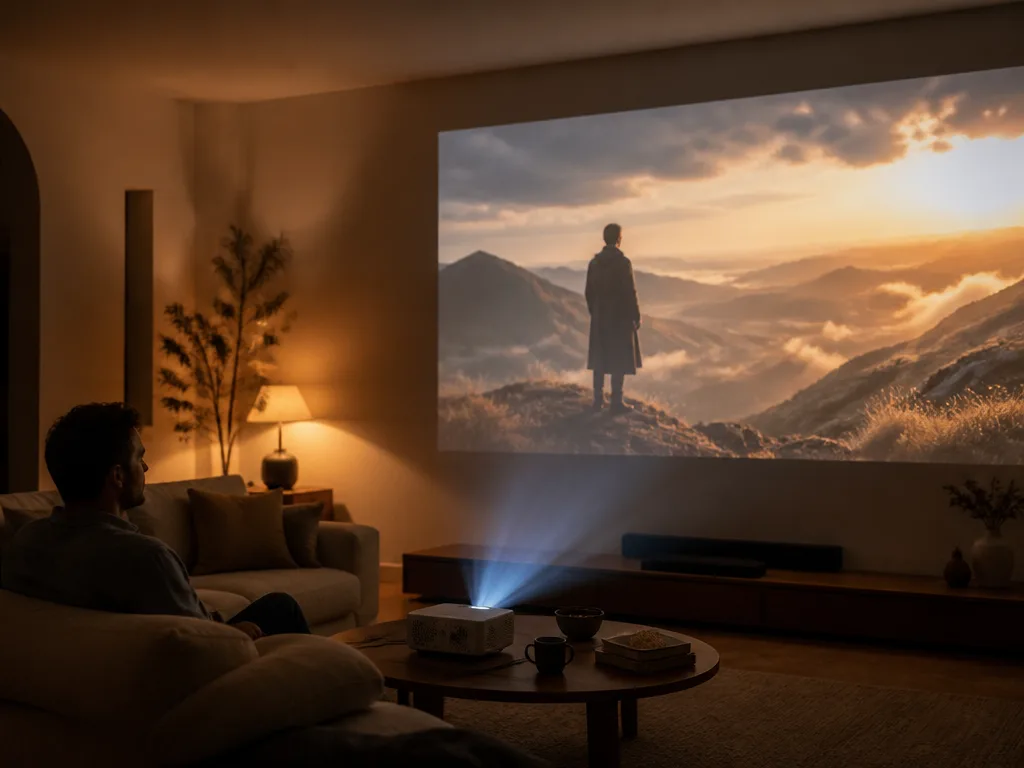 Projektor som visar en stor filmbild på en vit vägg i ett mysigt mörklagt vardagsrum