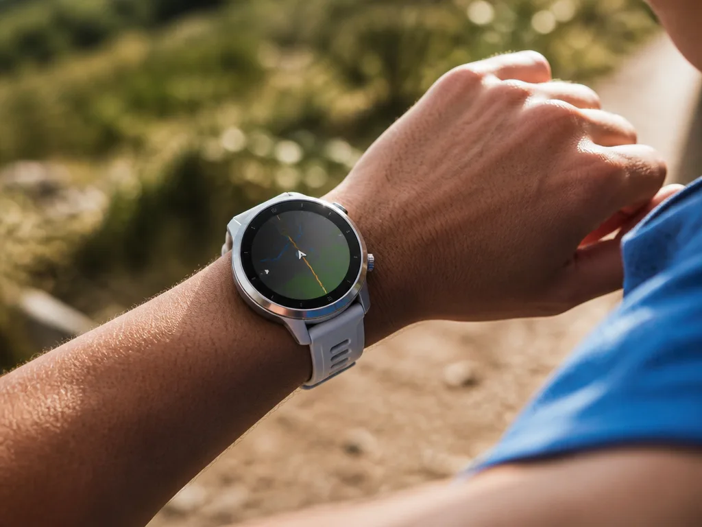 Pulsklocka med GPS och AMOLED-skärm på handleden under löpträning utomhus