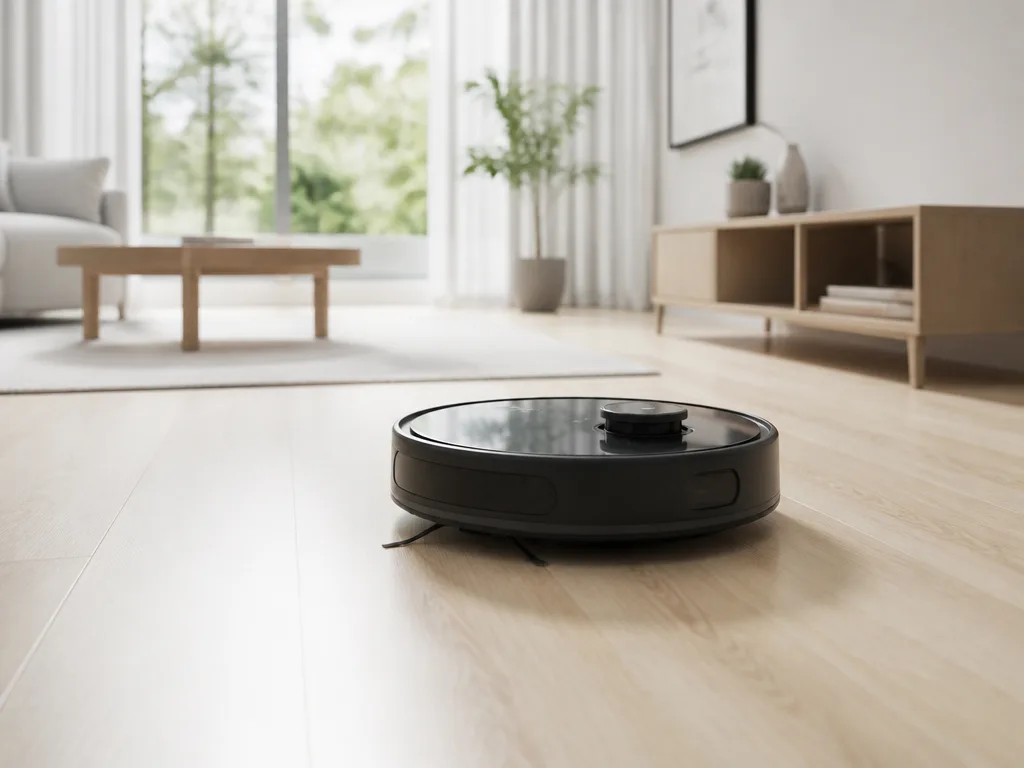 Modern robotdammsugare på ljust trägolv i skandinaviskt vardagsrum