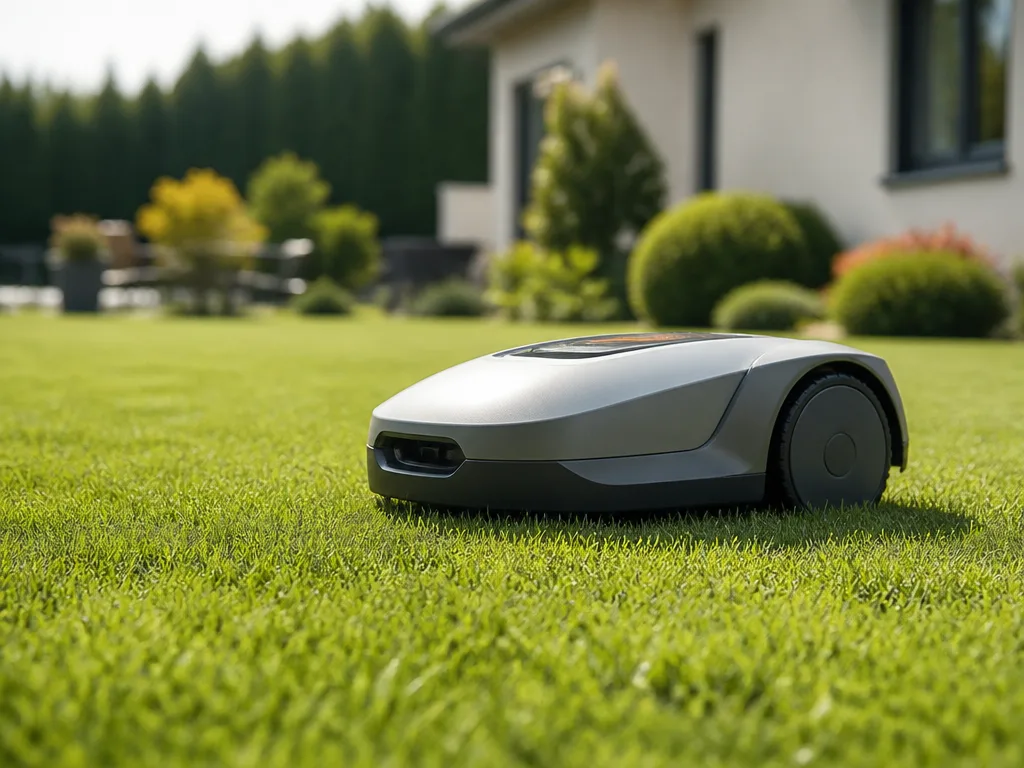 Robotgräsklippare klipper gräsmatta i en trädgård en solig sommardag — robotgräsklippare bäst i test 2026