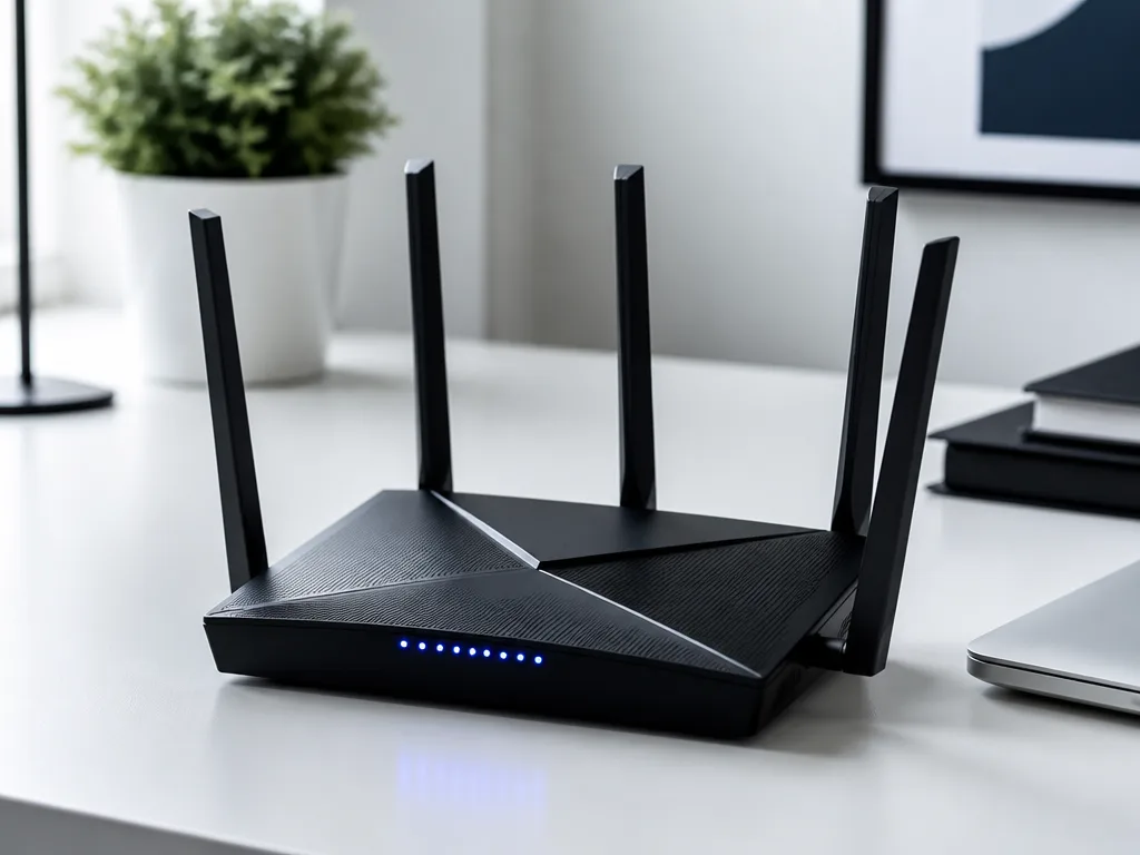 Modern WiFi-router med flera antenner på ett vitt skrivbord med blå LED-belysning