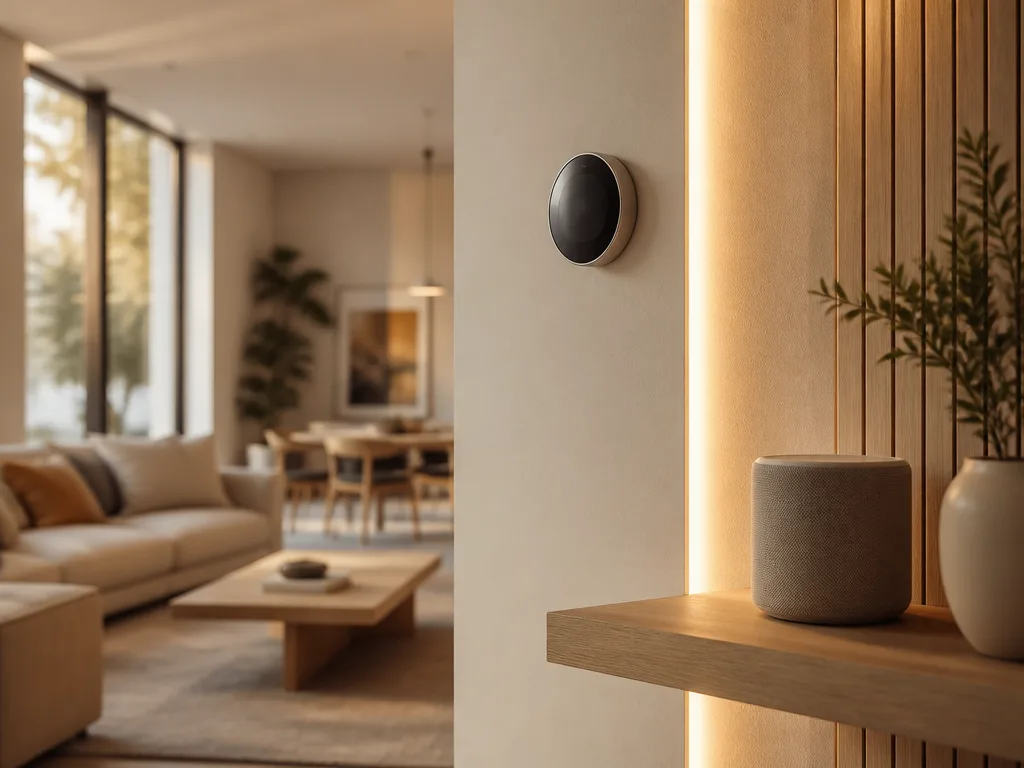Modernt smart hem med ambient belysning, smart högtalare och minimalistisk skandinavisk inredning