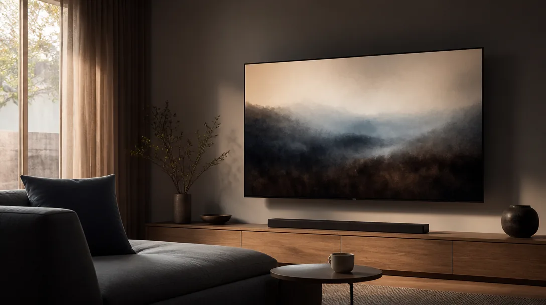 Stor OLED-TV i ett modernt skandinaviskt vardagsrum med dämpat kvällsljus och en kopp kaffe på soffbordet.