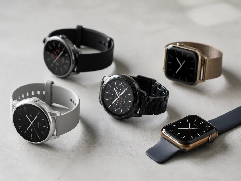 Kollektion moderna smartwatches upplagda på grå yta — smartwatch bäst i test 2026