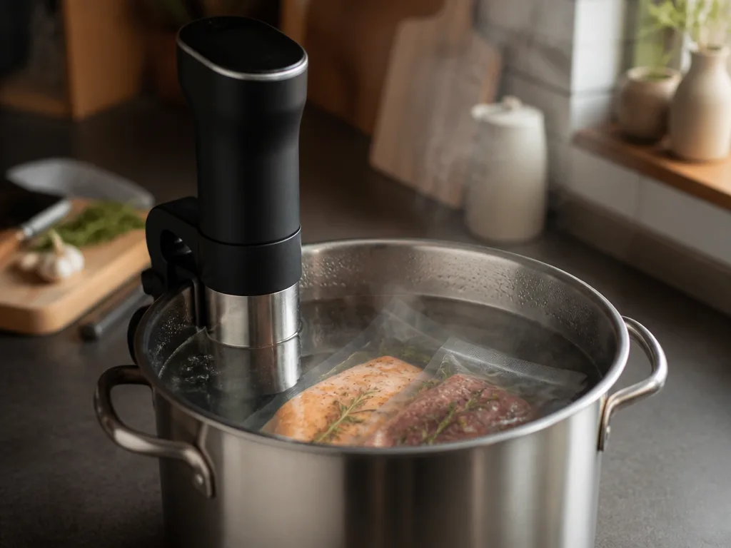 Sous vide-cirkulator fäst på en kastrull med vattenbad och vakuumförpackad mat