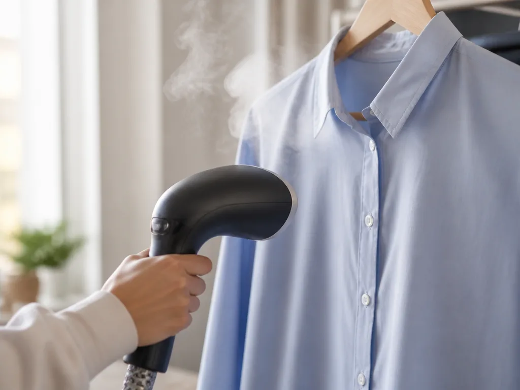 Hand som ångar en ljusblå skjorta med en handhållen steamer, synlig ånga mot fönsterljus