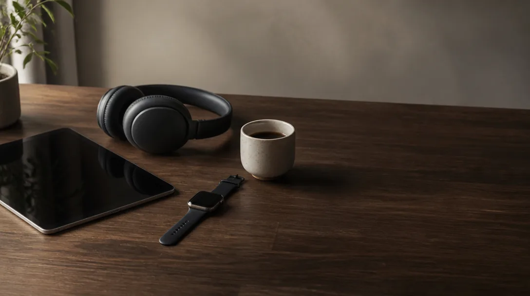 Editorial still life av tablet, hörlurar och smartwatch på ett mörkt träbord.